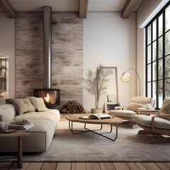 Contemporary living room design mockup, in a cold winter day, modern fireplace on a brick wall  