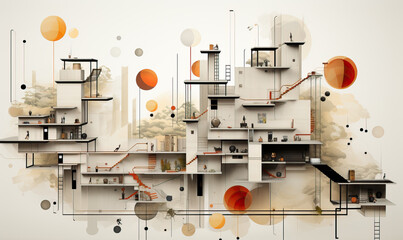 Abstract image of a house in a section and furniture in it.