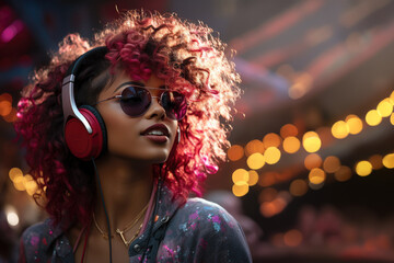 Beautiful young girl wearing headphones, listening to music, fashionable outfit and curly hair
