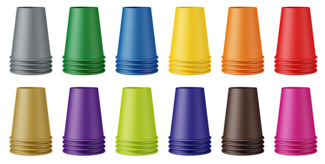 3D illustration. Colorerd stacked disposable paper cups isolated on white background.