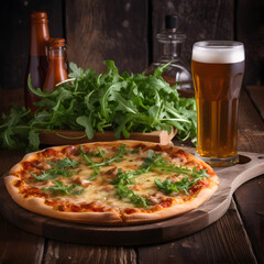 Delicious pizza with arogula on wooden plate 