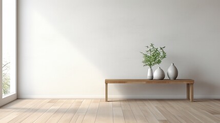 Contemporary minimalist room with table and plants, AI-generative