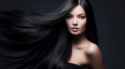 Fototapeta premium Beautiful model woman with long hairstyle care and beauty hair products. 