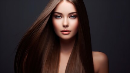 Fototapeta premium Beautiful model woman with long hairstyle care and beauty hair products. 
