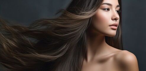 Naklejka premium Beautiful model woman with long hairstyle care and beauty hair products. 