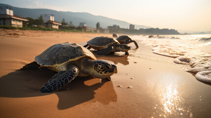 Sea Turtles on the Beach Walking to the Ocean Sunny Bright