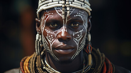 African Tribal Leader With Face Paint and Head Gear Close Up Portrait