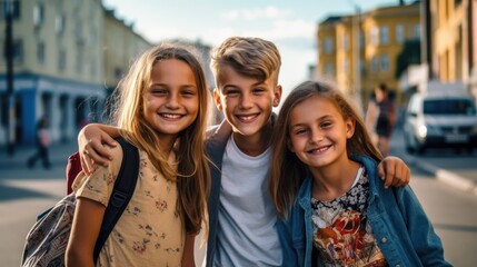 Friendship Day. Children's friendship. Happy children smiling at the camera. 