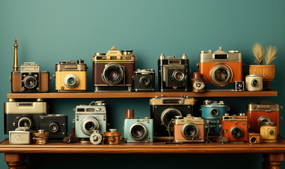 Background with abstract vintage cameras on the shelf.