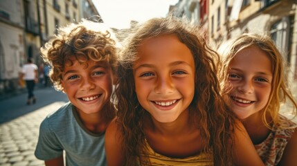 Fototapeta premium Friendship Day. Children's friendship. Happy children smiling at the camera. Generative AI