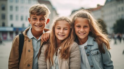 Friendship Day. Children's friendship. Happy children smiling at the camera. Generative AI