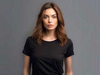 Obraz premium Beatiful handsome woman in black t-shirt. Realistic t - shirt mockup. Generative AI