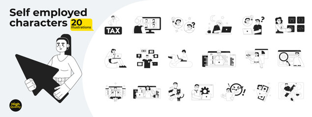 Freelancers with laptops monochrome concept vector spot illustrations bundle. Self employed 2D flat bw cartoon characters for web UI design. Isolated editable hand drawn hero image collection - obrazy, fototapety, plakaty