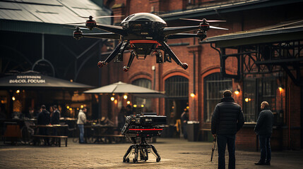 Old-World Charm Meets Modern Delivery: Red Brick Warehouse with Hovering Drone, Generative AI