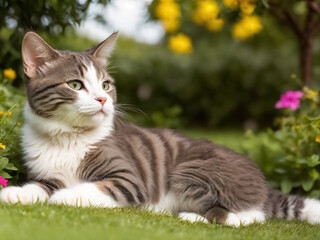 Naklejka na ściany i meble Cute cat lying in the summer garden. Generative AI