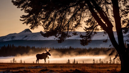 Silhouette of moose on hill. Tree in front, mountains and forest in background. Magical misty landscape. Generative AI