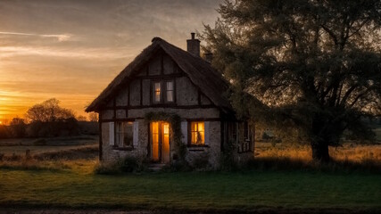 Beautiful old cottage in the countryside at sunset. Generative AI