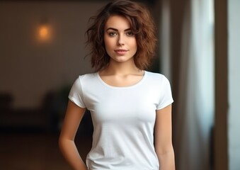 Fototapeta premium Beatiful handsome woman in white t-shirt. Realistic t - shirt mockup. Generative AI