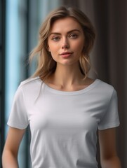 Fototapeta premium Beatiful handsome woman in white t-shirt. Realistic t - shirt mockup. Generative AI