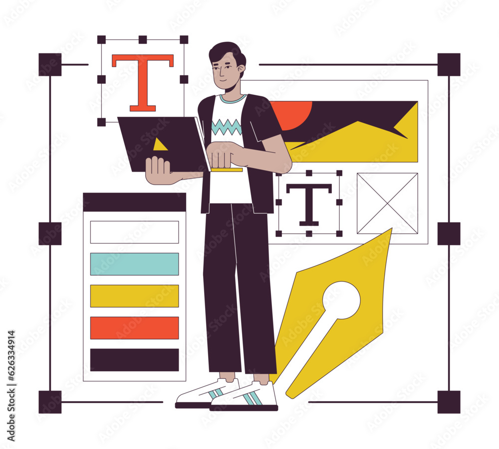 Poster web designer flat line concept vector spot illustration. freelancer with laptop selects font 2d cart