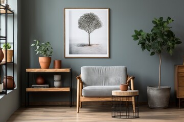 interior design, grey armchair next to a wooden table in living room interior with plant and poster. simple design. created generative ai.