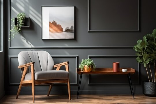 interior design, grey armchair next to a wooden table in living room interior with plant and poster. simple design. created generative ai.