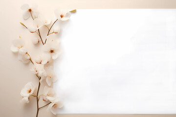 Blank paper sheet for text or design with cherry tree branch and white flowers. Created with  Generative AI technology