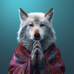  arabian wolf portrait doing namaste with hands
