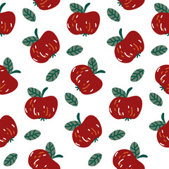 Seamless pattern with cartoon red apples in retro style. Fruit background. Vector printing on fabric and wallpaper. Cute fruits on a white background.