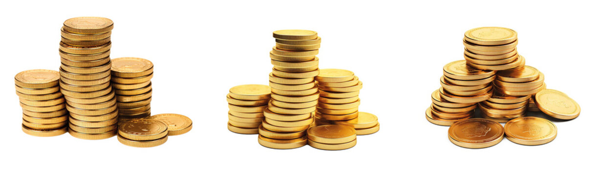Stacks of shiny coins isolated on transparent background