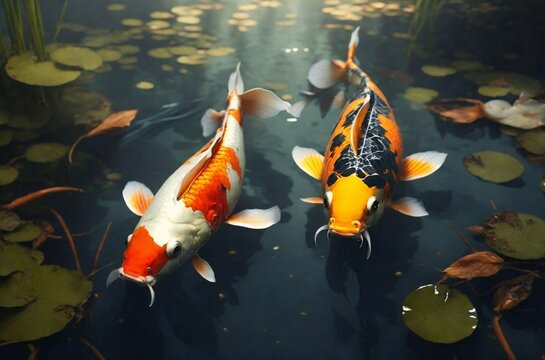 Two koi on top in the pond