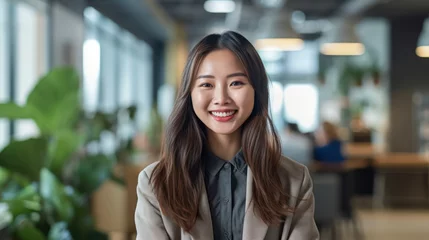 Fotobehang Portrait of happy asian woman smiling standing in modern office space © Viktor
