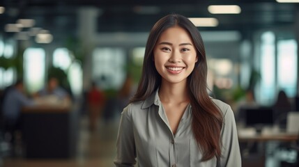 Portrait of happy asian woman smiling standing in modern office space
