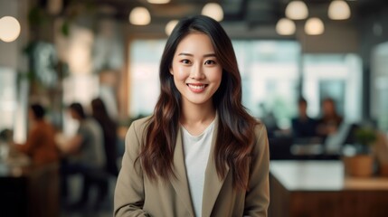 Portrait of happy asian woman smiling standing in modern office space