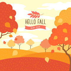 Hello fall banner. Autumn nature scene vector illustration. Yellow, orange, red trees and fields. Falling leaves. Autumn colors. Copyspace for text. Flat design. For web, poster, ads, sale banner.