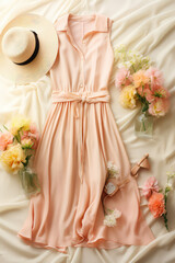 Top view of a beautiful woman's summer dress, sun hat and fresh flowers lying on a flat pastel surface. Creative stories of spring women's outfit, summer fashion.