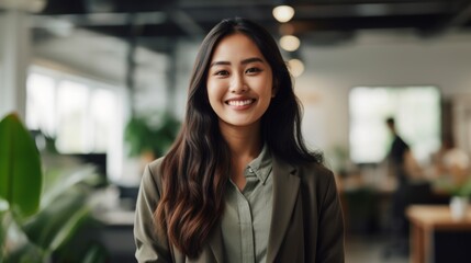 Portrait of happy asian woman smiling standing in modern office space - obrazy, fototapety, plakaty