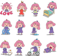 cartoon, cute, girl, children, vector, illustration, icon, people, kid, set, baby, character, fun, art, woman, design, love, princess, smile, school, face, cute, funny, sport, family