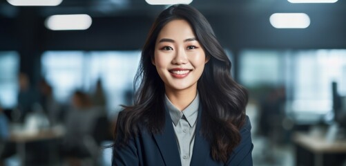 Naklejka premium Portrait of happy asian woman smiling standing in modern office space