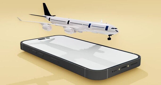 Vacation with a mobile 3D video illustration above there is another plane flying and after taking out a map and map symbol sign on a cool YELLOW background 