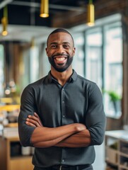 Obraz premium Successful man smiling in office, exuding confidence and professionalism