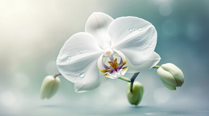 Naklejka na ściany i meble Beautiful white orchid flower close up. Floral background.