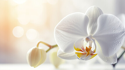 White orchid flower on blurred background with bokeh effect.
