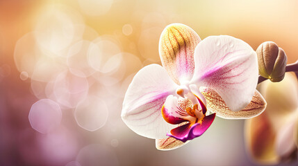 Close up of beautiful white orchid flower. Floral background.