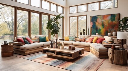 Contemporary bright living room with boho design, AI-generative