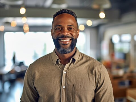 Smiling happy afro american man looking at camera. Generative AI