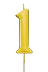 Cutout of an isolated number one golden cake candle with the transparent png
