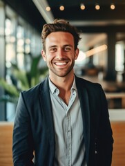 Fototapeta premium Confident handsome and successful man smiling and looking determined. Generative AI