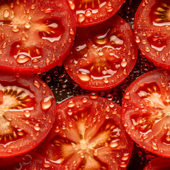 Tomatoes cut into rings, background for design. Tomatoes are a berry, a popular plant cultivated as a vegetable. Used in cooking, it is juice, salad and ketchup. As well as in cosmetics and medicine