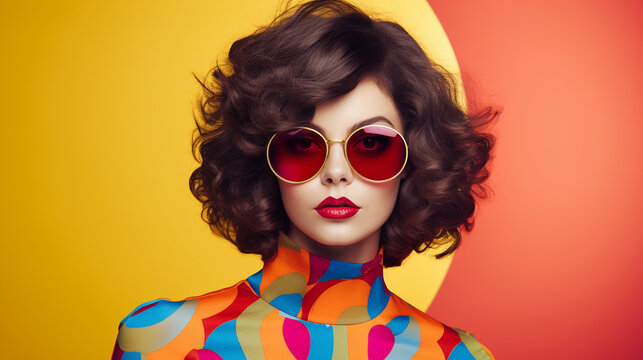 Studio shot of brunette girl with lipstick and sunglasses posing on colored retro background. Fashionable portrait of young woman wearing trendy clothes and looking at the camera. Generative AI.